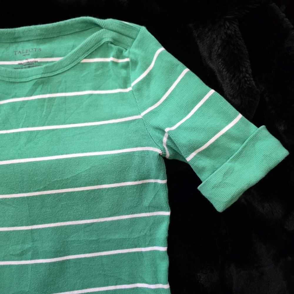 Talbots Green and White Striped Short Sleeve Tee - Picture 4 of 6